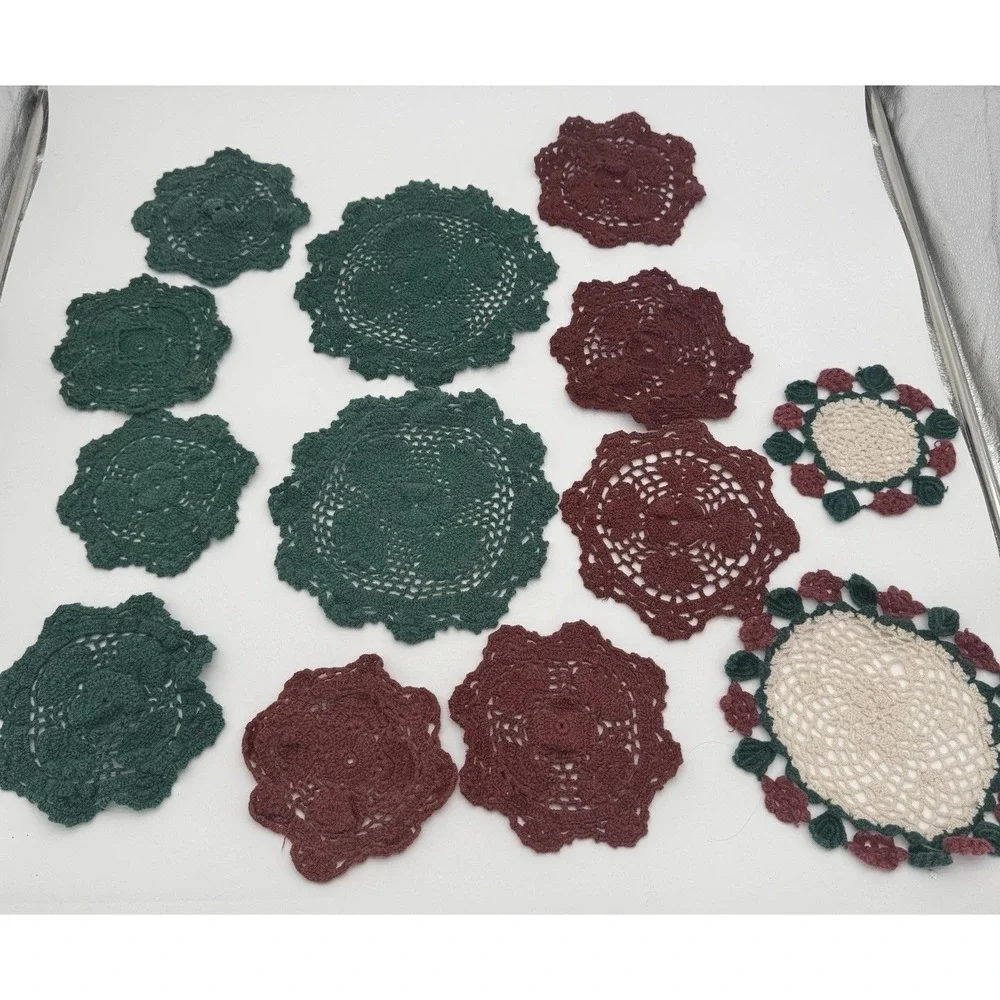 Vintage Crochet Doilies Lot 13 Green Burgundy‎ Cotton Holiday Cottagecore